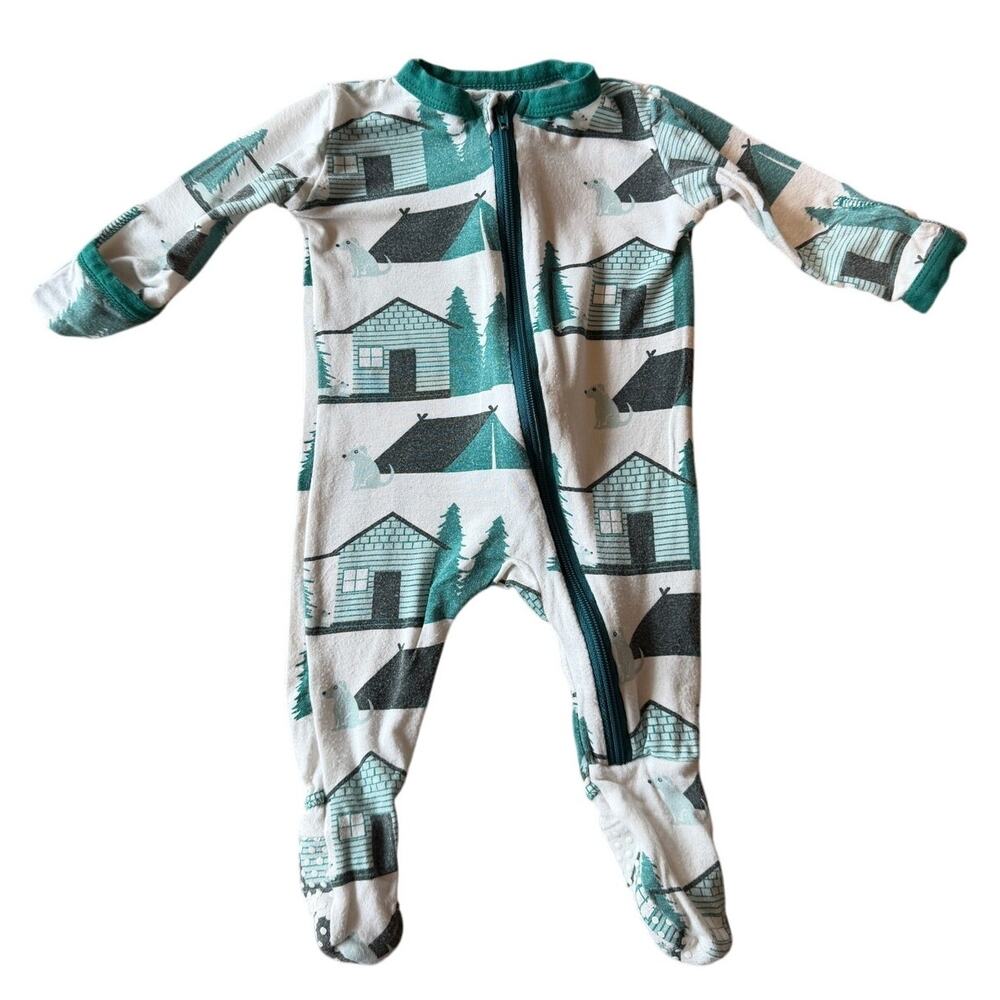 Kickee Pants Bamboo Zip Footie Newborn Cabin Bear Pine Tree Print Teal White